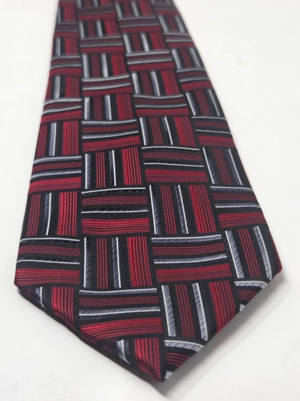 John Ashford Mens Necktie 59 Inch Red Black Gray Geometric Woven Pattern